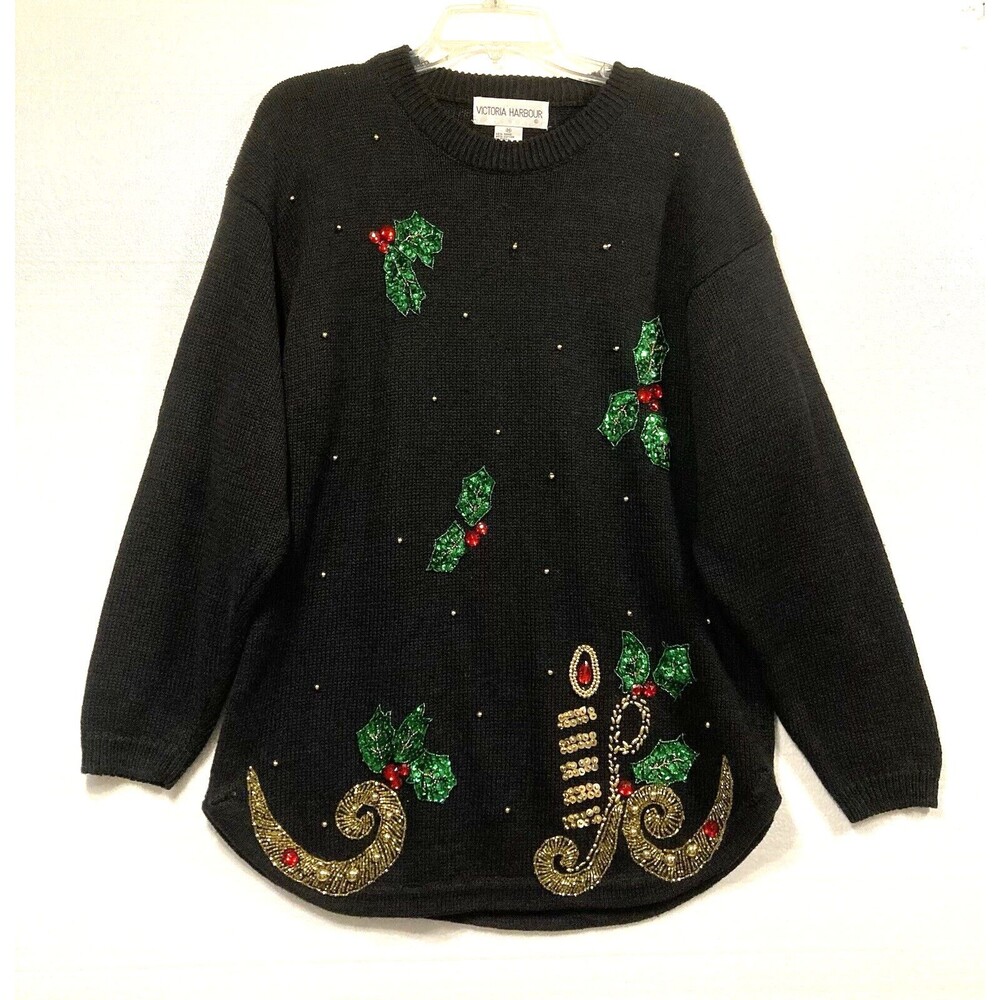 Victoria Harbour Christmas Sweater Womens M Black Holly Beaded Sequins